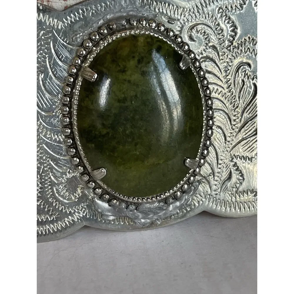 Vintage Western Belt Buckle Green Cabochon Nickel Silver Southwestern Cowboy